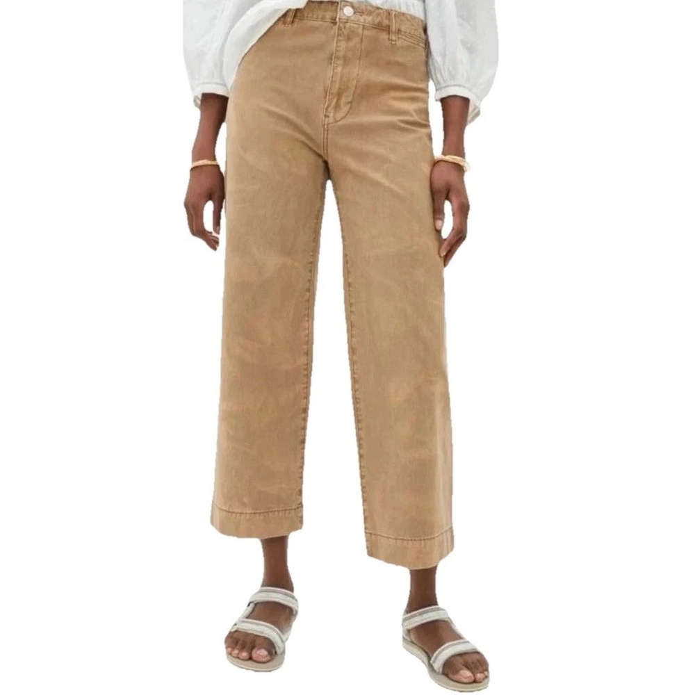 Gap High Rise Crop Pants Womens 00 Beige Pockets Faded Wash Flat Front Wide Leg